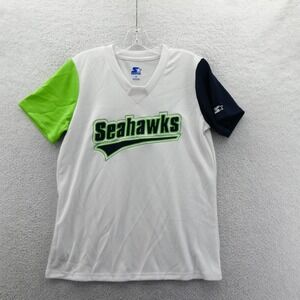 Starter Shirt Women Medium Seattle Seahawks White Green Navy Blue V-Neck Jersey